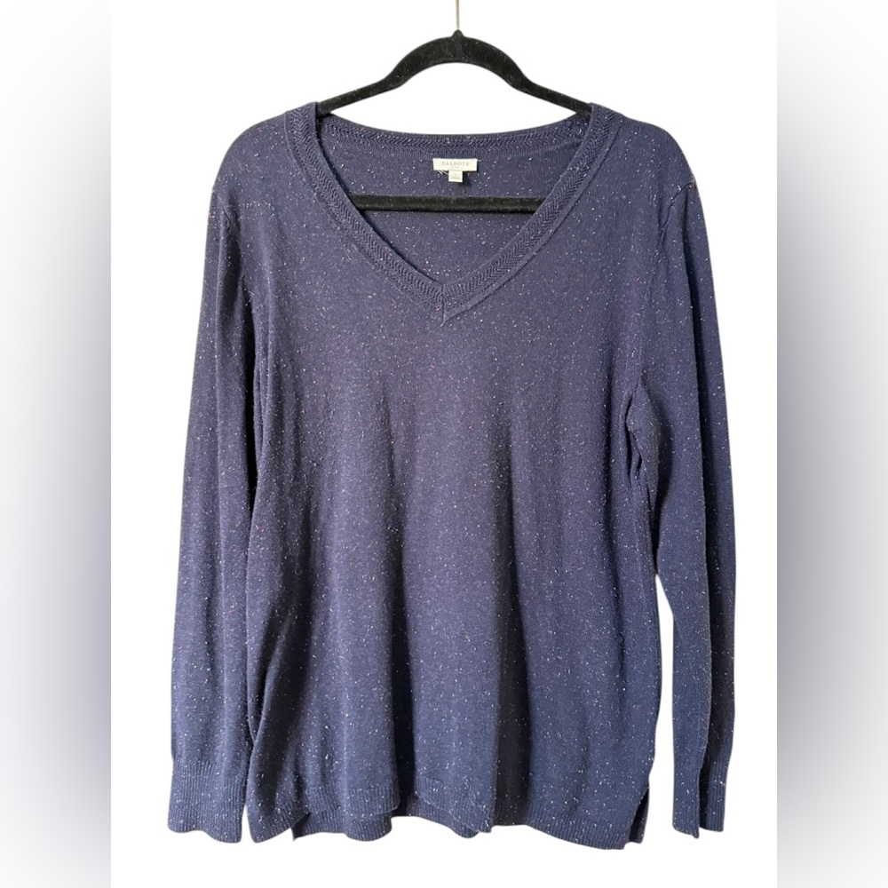 Talbots navy blue v neck Knit Sweater with multicolor speckles large